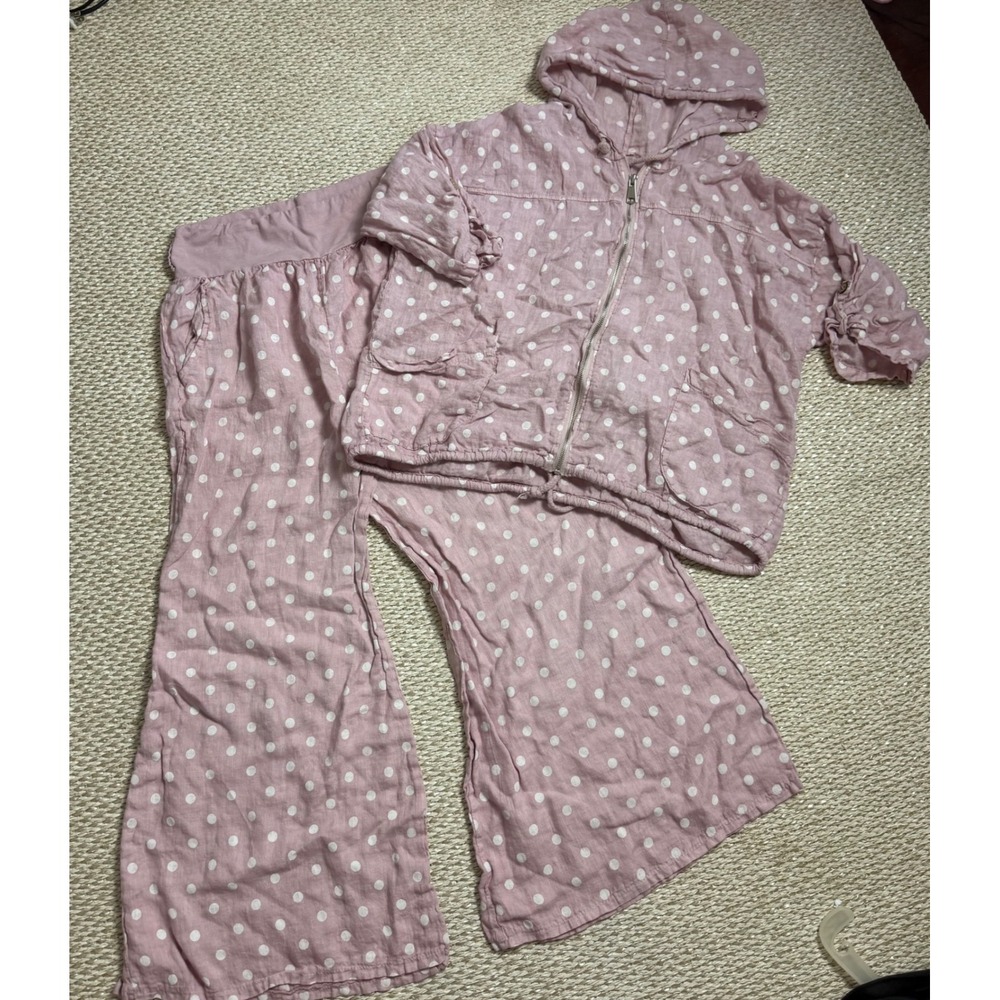 Italy Pink purple Polka Dot Linen Hoodie and Wide Leg Pants Set lagenlook S